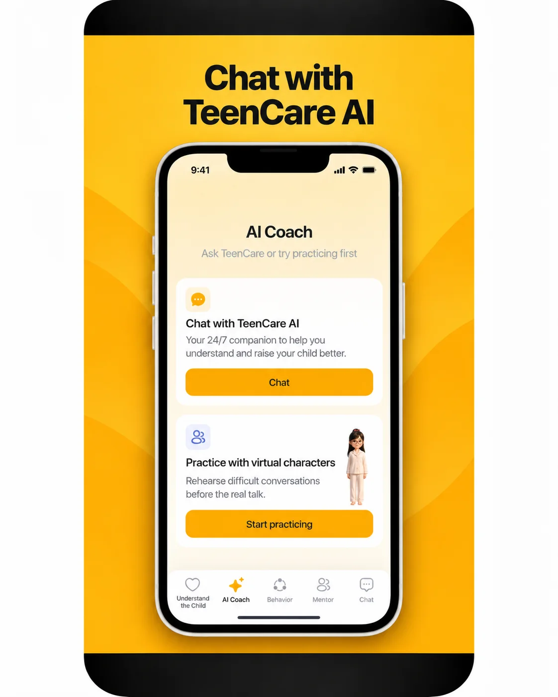 English TeenCare Parent preview showing the AI Coach experience